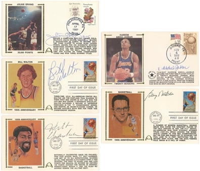Lot of (5) NBA Themed Signed First Day Covers Including George Mikan, Wilt Chamberlain and Julius Erving (JSA Auction LOA)